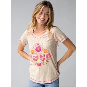 Natural Life Tan Pink Orange Floral Print Stitched Graphic Tee Sz M Granola Girl